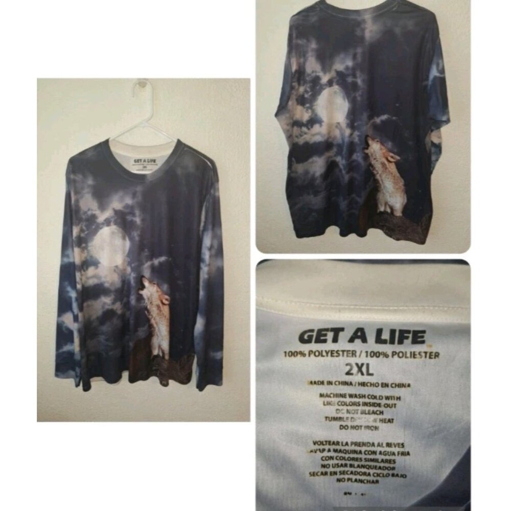 Mens 2X Nature Shirt Wolf Howling At Moon Art To Wear White Brown
